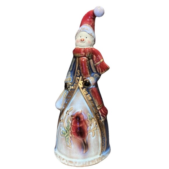 Vintage Old World Snowman Bell With A Cardinal Bird Glazed Shiny 8" Christmas - Picture 12 of 16